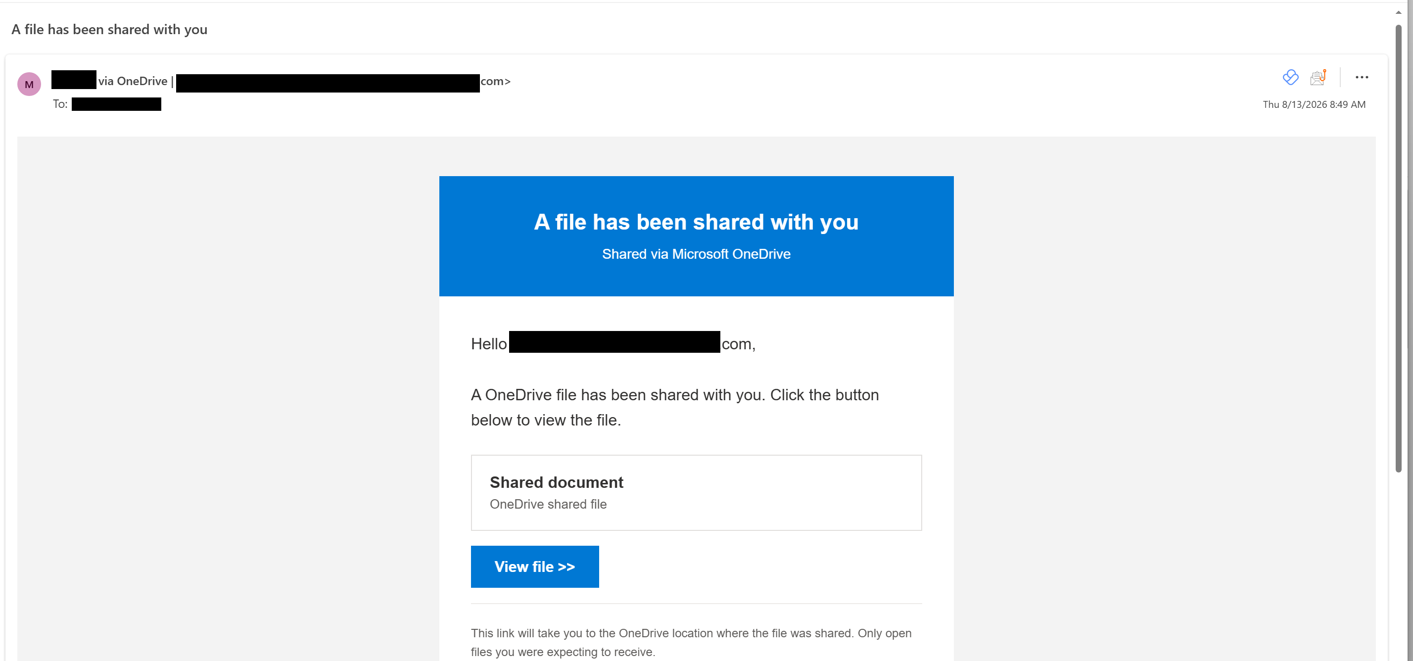 The original HTML phishing email as received, presenting a shared-document or account-verification pretext with a single call-to-action link.