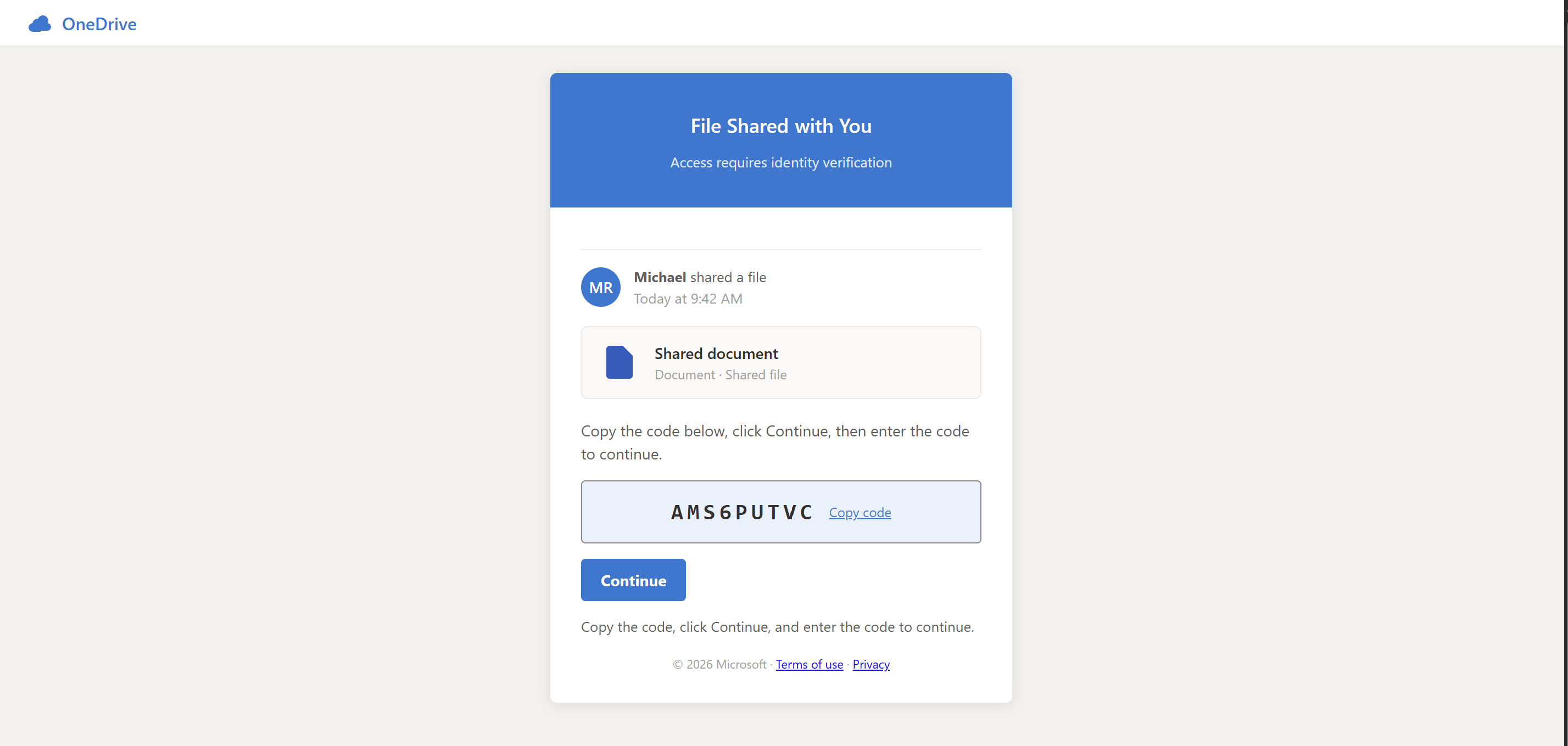 The lure page displaying a Microsoft device code with instructions to copy it and paste it at the Microsoft sign-in page.