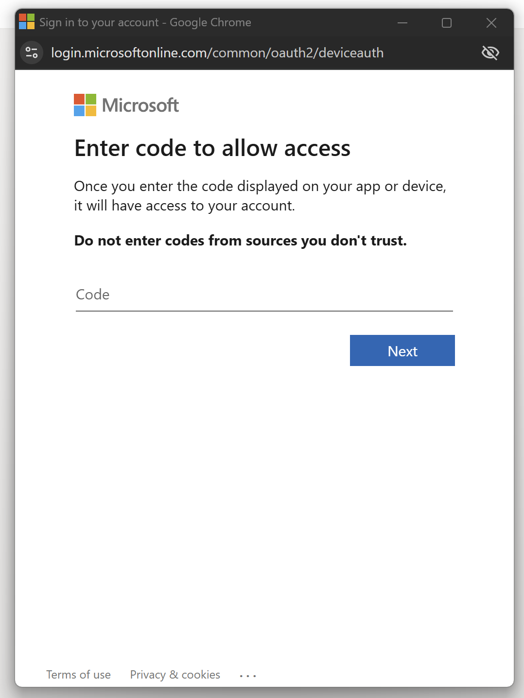 The authentic microsoft.com/devicelogin page with the attacker-supplied device code entered.